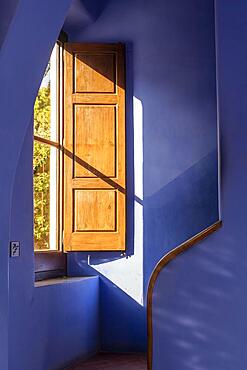 Staircase and window, blue interior of the Casa de la Guardia, Pabellon de porteria, Park Gueell, park by Antoni Gaudi, Barcelona, Catalonia, Spain, Europe