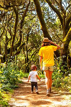 Mother and son in the natural park of La Llania in El Hierro, Canary Islands. On a path of laurel from El Hierro in a lush green landscape