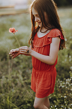 Girl in a red dress in a poppy meadow