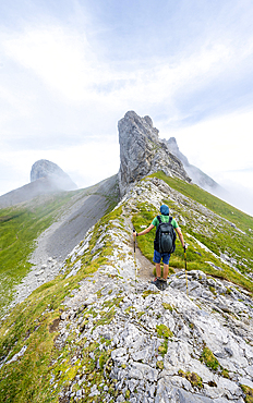 Mountaineer at Hoech-Niederi Sattel, rocky ridge, Saentis, Appenzell Ausserrhoden, Appenzell Alps, Switzerland, Europe