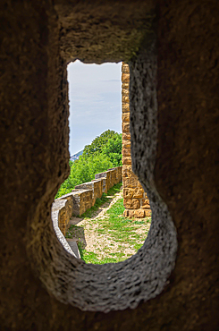 View through a keyhole in the castle walls onto parts of the outer castle complex, Hohenrechberg Castle near Schwaebisch-Gmuend, Baden-Wuerttemberg, Germany, symbolic image, Europe