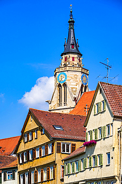 Tower of the collegiate church and parts of the historic house front on the Neckar, Tuebingen, Baden-Wuerttemberg, Germany, Europe