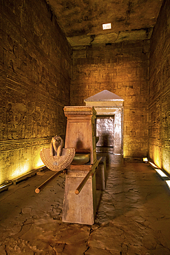 Interior of the Temple of Edfu in the city of Edfu, Egypt. On the bank of the Nile river, geco-Roman construction, temple dedicated to Huros