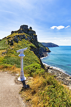 Telescope on the South West Coast Path, coastal path, Valley of the Rocks, rocky coast in Exmoor National Park, Bristol Channel, near Lynton, Devon, England, Great Britain