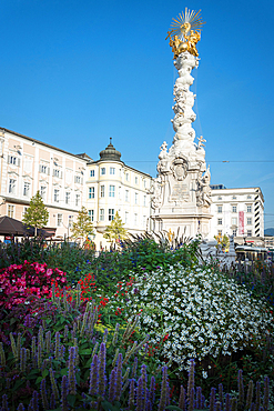 LINZ, AUSTRIA: Holy Trinity column on the Hauptplatz or main square in the centre of Linz, Austria. Linz is the third largest city of Austria