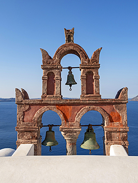 Old belfry wiith view of blue sea, Ia, Oia, Santorini, Greece, Europe