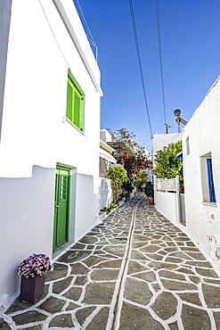 White Cycladic houses with colourful shutters and doors, alleys of the village of Marpissa, Paros, Cyclades, Greece, Europe