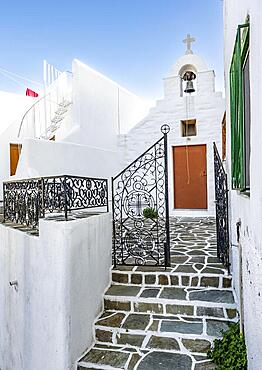 Small Greek Orthodox church, picturesque alleys of the village of Lefkes, Paros, Cyclades, Greece, Europe