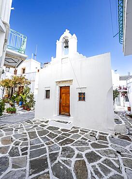 White Greek Orthodox Church, picturesque alleys of the village of Lefkes, Paros, Cyclades, Greece, Europe