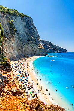 Panoramic view from above of Porto Katsiki beach on Lefkada island in summer, Greece, Europe