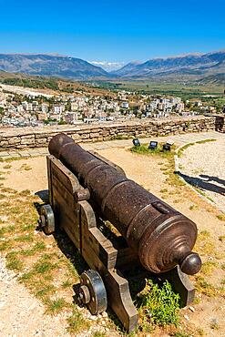 Cannon outside the fortress of the Ottoman castle of Gjirokaster or Gjirokastra. Albanian