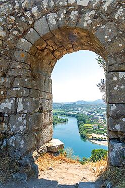 Looking at the lake from the arch of the Rozafa Castle wall in the city Shkoder. Albania