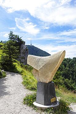 Sculpture on the Nockstein with a view of the Gaisberg, Osterhorn Group, Flachgau, province of Salzburg, Austria, Europe