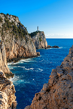 Lighthouse or Cape Ducato Lefkas in the southern area of the Greek island of Lefkada. Greece