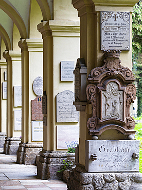 Crypt arcades, grave counters in the arcade of St. Sebastian's Cemetery, Church of St. Peter, Salzburg, Austria, Europe