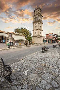 Great typical Greek town and buildings. Mediterranean cityscape in the evening at sunset on Zakynthos, Ionian Islands, Greece, Europe