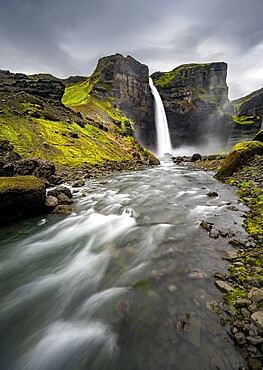 Haifoss and Granni waterfall at a canyon, Fossá í Þjórsárdal, with river í Þjórsárdal, long exposure, dramatic landscape, Hekla, Iceland, Europe