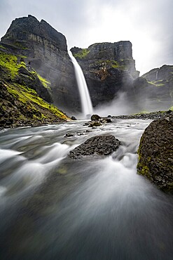 Haifoss and Granni waterfall at a canyon, Fossá í Þjórsárdal, with river í Þjórsárdal, long exposure, dramatic landscape, Hekla, Iceland, Europe