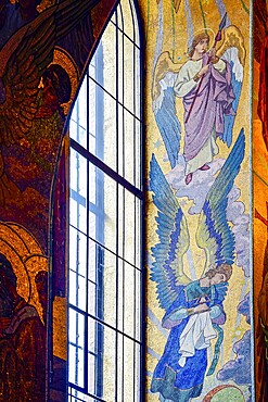 Window with frescoes and tiles in the Church of the Savior on Spilled Blood in the city of Saint Petersburg in Russia, Saint Petersburg, Russia, Europe