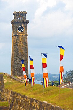 The clock tower and protective wall inside an old colonial fort in the city of Galle, Sri Lanka, Asia