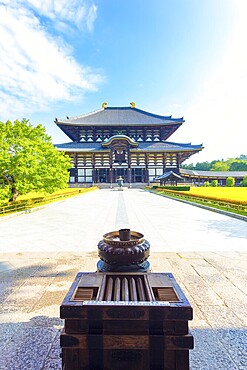 Incense burner at head of path leading to Daibutsuden, Great Buddha Hall, at Todai-ji temple complex on a beautiful blue sky morning empty of tourists in Nara, Japan. Vertical copy space