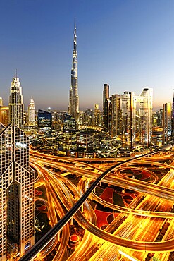 Burj Khalifa skyline tallest building in the world from above at night in Dubai, United Arab Emirates, Asia