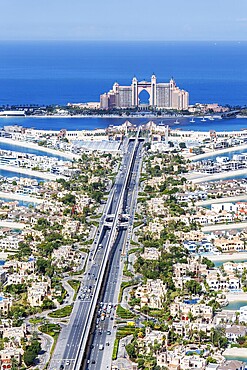 The Palm Jumeirah with Atlantis Hotel artificial island from above in Dubai, United Arab Emirates, Asia