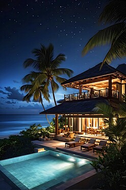 Real estate beach resort at the Caribbean coast at night, AI generated