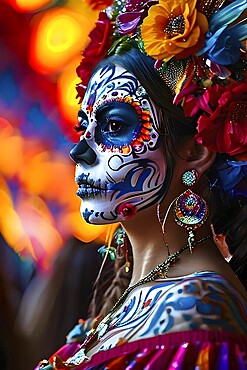 Woman in an extravagant dia de los muertos costume and a vibrant face makeup, AI generated