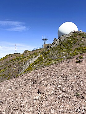 PR1 hiking trail with a view of the radar station on Pico Arieiro, Madeira, Portugal, Europe