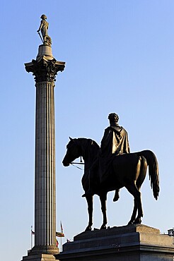 Equestrian statue of George IV and Nelson's Column, Trafalgar Square, West End, London, England, United Kingdom, Europe