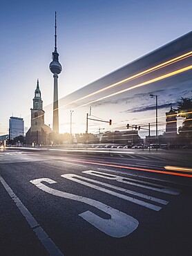 Berlin TV Tower with traces of light in the morning, Alexanderplatz, Berlin, Germany, Europe