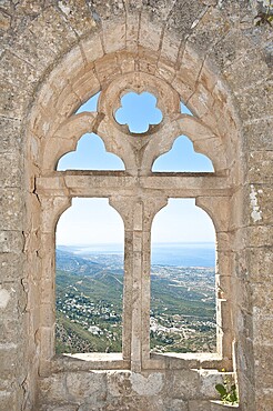 Gothic tracery, decorated window, St. Hilarion Castle, crusader castle, overlooking sea and coast, Northern Cyprus