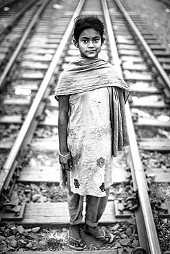 Girl on the railway tracks, Monochrom, Dhaka, Bangladesh, Asia