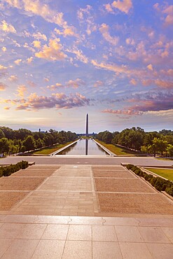 Washington Monument sunrise reflecting pool in US USA