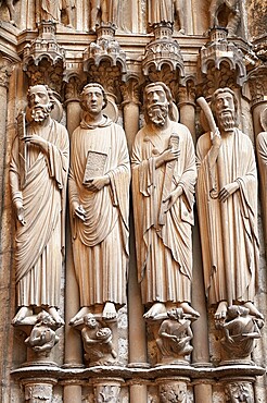 Gothic statues of the Apostles carrying the instruments of their deaths, south porch of the Cathedral of Chartres, UNESCO World Heritage Site, Chartres, France