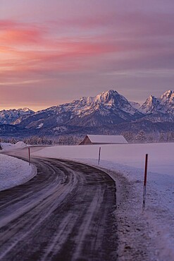 Winter landscape in the Allgäu near Halblech at sunrise