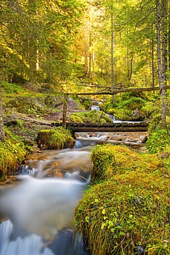 View of a wooden bridge leading over a torrent, long exposure, Dolomites, Puez-Geisler nature park Park, St. Magdalena, Funes, Villnößtal, South Tyrol, Italy