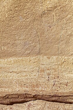 Prehistoric rock carving, man with penis, Desert, Wadi Rum, Jordan