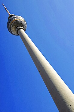 TV Tower, Alexanderplatz, Berlin Mitte, Berlin, Germany, Berlin TV Tower at Alexanderplatz, Berlin, Berlin, Germany, Close-up of the Berlin TV Tower from a low angle against the sky, Berlin, Germany