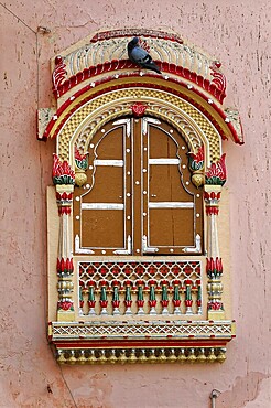 Rat temple of Karni Devi, near Bikaner, Rajasthan, India, A traditionally decorated window with a dove on top, Rajasthan, North India, India