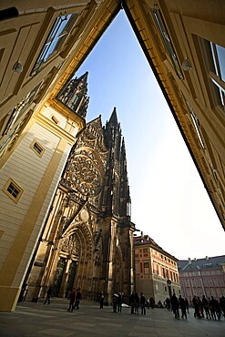 View on Prague cathedral from corner of building - wide angle