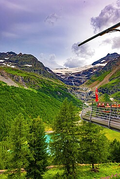 Terrace View over Beautiful Mountain Alp Grüm with Glacier and Alpine Lake Palü in the Swiss Alps in a Cloudy Summer Day in Poschiavo, Bernina, Grisons, Switzerland