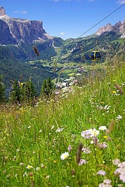 View from Col Alto and cable car, Corvara, Badia Valley, Bolzano Province, Trentino-Alto Adige/South Tyrol, Italian Dolomites, Italy, Europe