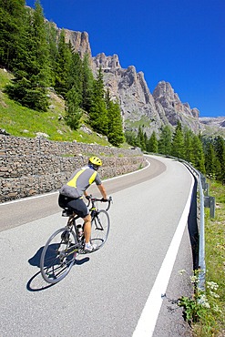 Cyclist, Sella Pass, Trento and Bolzano Provinces, Italian Dolomites, Italy, Europe