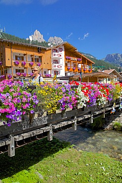 Bridge and flowers, Pozza di Fassa, Fassa Valley, Trento Province, Trentino-Alto Adige/South Tyrol, Italian Dolomites, Italy, Europe