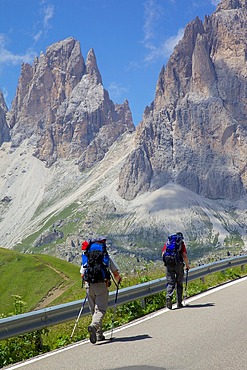 Hikers and Sassolungo Group, Sella Pass, Trento and Bolzano Provinces, Italian Dolomites, Italy, Europe