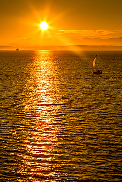 Sailing boat and sunset over Elliott Bay with Bainbridge Island visible on the horizon viewed from Bell Harbour Marina, Seattle, Washington State, United States of America, North America