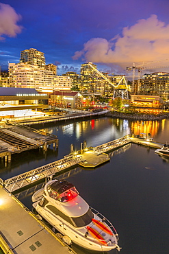 View of Lonsdale Quay in North Vancouver at dusk, Vancouver, British Columbia, Canada, North America