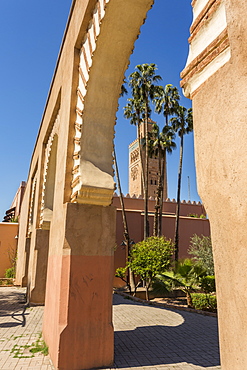 View of Koutoubia Mosque, UNESCO World Heritage Site, through archway during daytime, Marrakesh, Morocco, North Africa, Africa